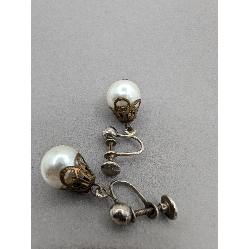 Vintage Faux Pearl Filigree Drop Earrings Silver Tone Screw Back Mid-Century - Picture 2 of 4